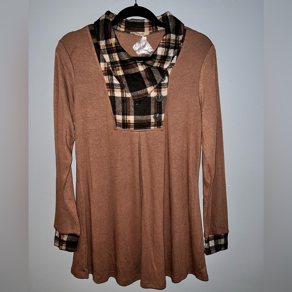 Timesun Brown Plaid Trimmed Tunic Sz M NWT